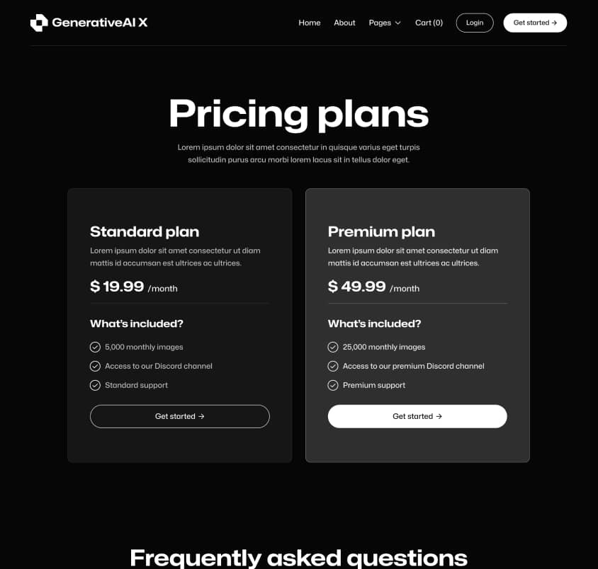 GenerativeAI X - Pricing Page - AI Generator Webflow Template