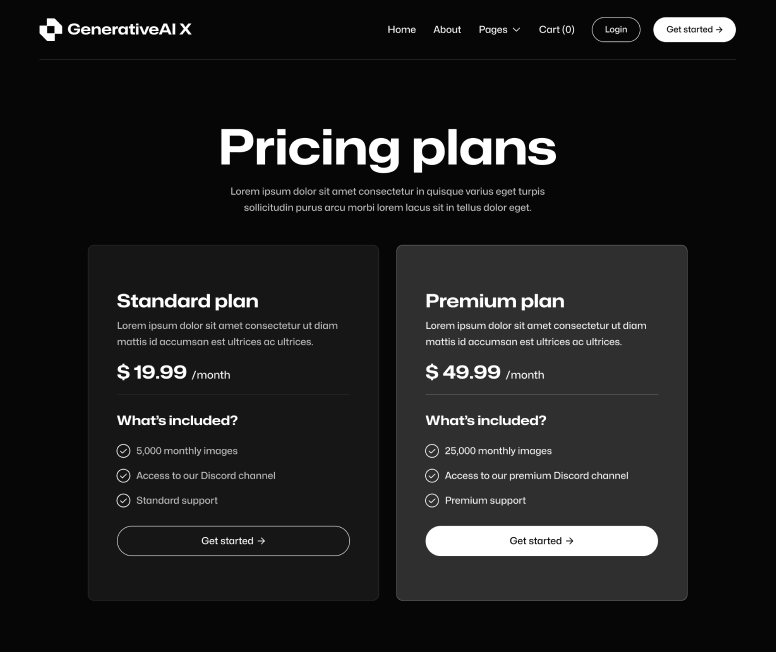 GenerativeAI X - Pricing Page - AI Generator Webflow Template